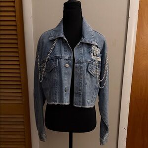 Forever 21 Blue Jean Jacket with Pearl Accents